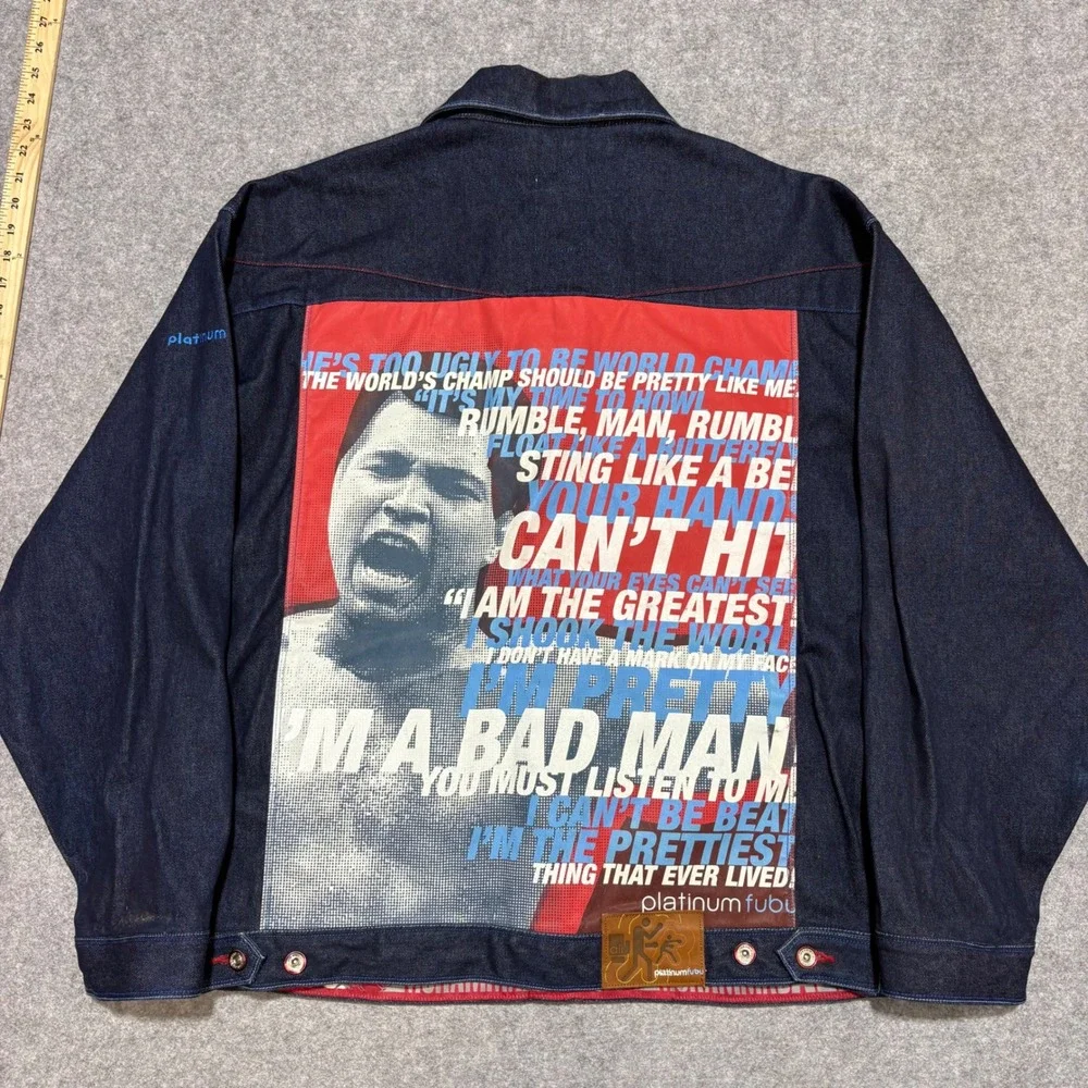 Platinum FUBU Muhammad Ali Denim Jacket Mens XL Dark Wash Graphic Back Quotes